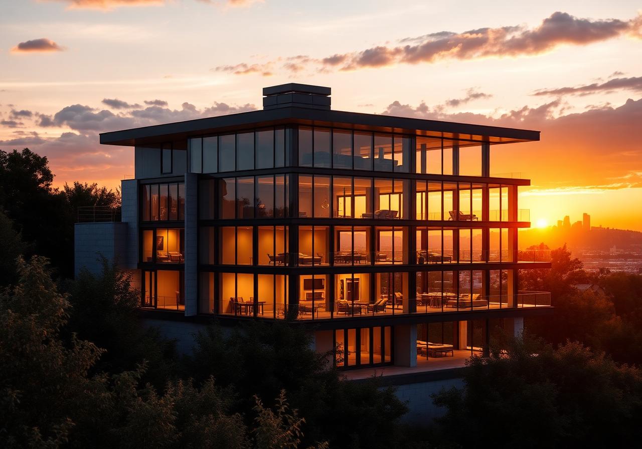 Modern home at sunset